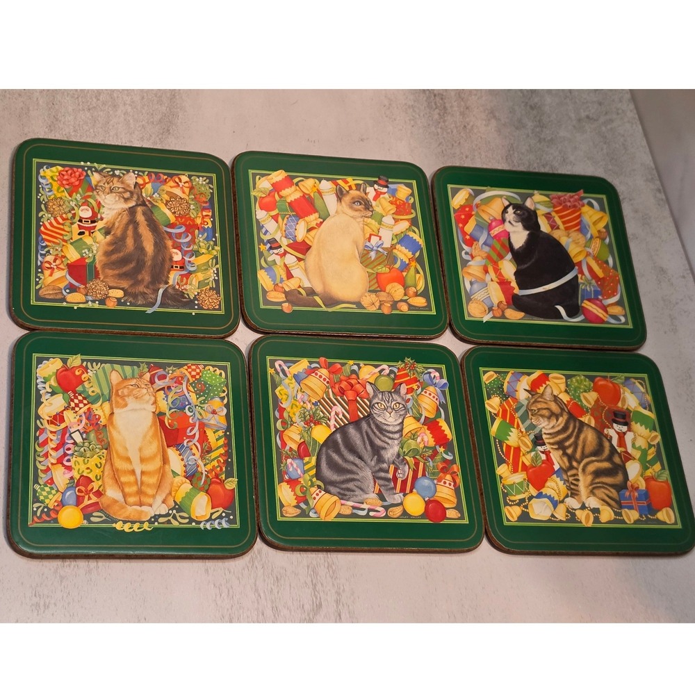 Pimpernel Christmas Cats Cork Backed Coasters Set of 6 Lesley Hallas Holiday